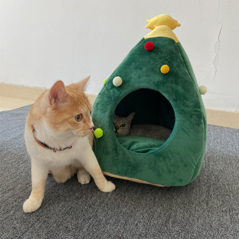 Estera de lujo de la cueva del árbol de navidad de los gatos de los perritos de las camas de la cama caliente lavable de alta calidad del animal doméstico