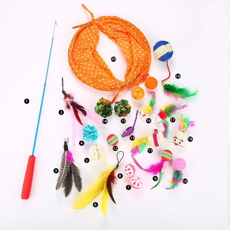20 bolas de los ratones del ratón de los pescados de Cat Toys Kitten Toys Assorted Cat Tunnel Feather Teaser Wand de las PC y juguetes mullidos de Belces para el gato