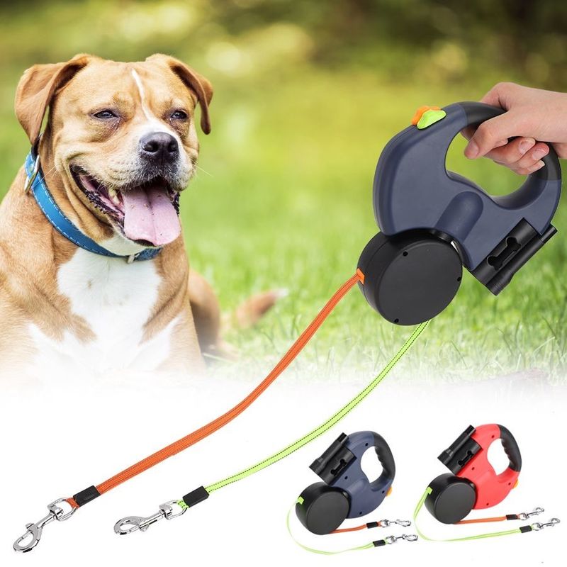 Correa elástico resistente de la correa de perro retractable dual reflexiva con los bolsos del impulso de la linterna de LED
