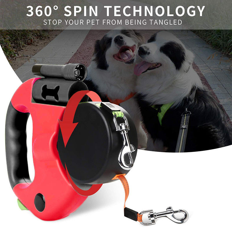 Correa elástico resistente de la correa de perro retractable dual reflexiva con los bolsos del impulso de la linterna de LED