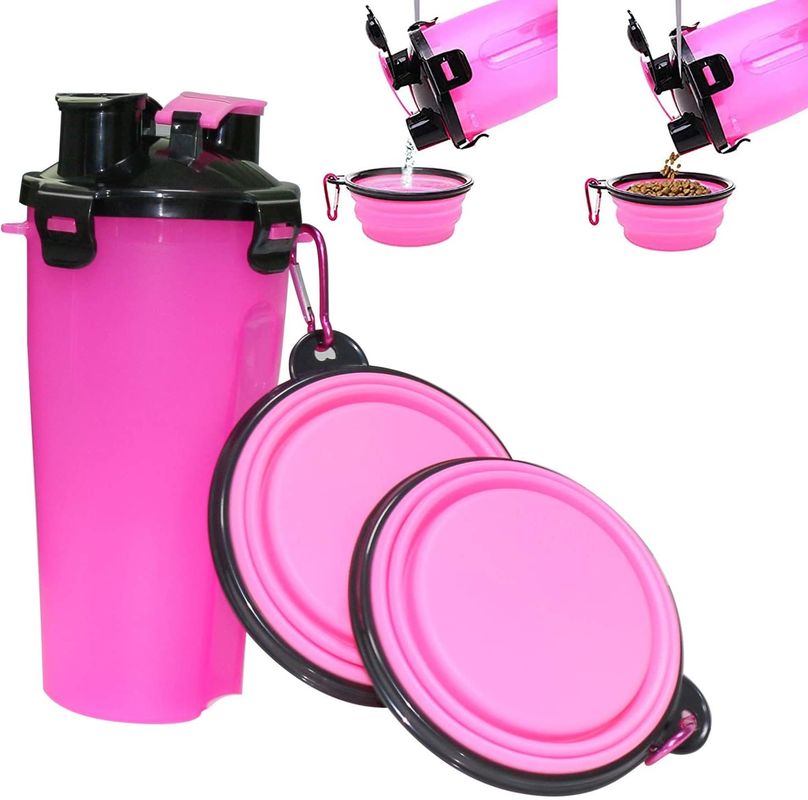 dispensador portátil al aire libre de la botella de agua del animal doméstico 350ml con 2 cuencos plegables del silicón