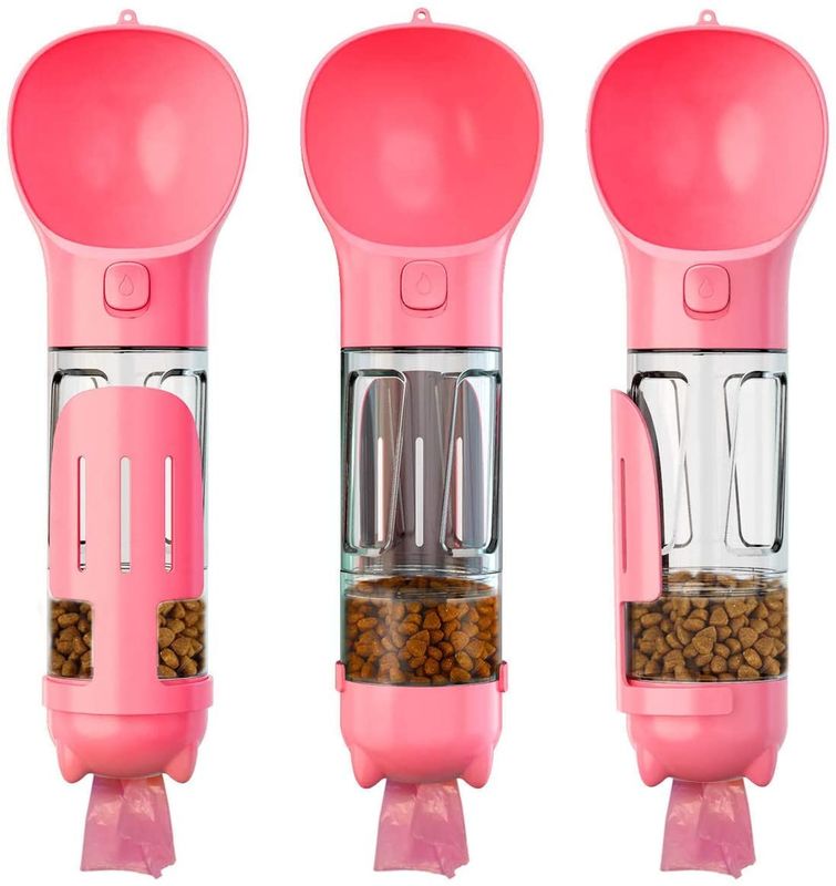 Botella de agua rosada hermética portátil del perro 4 In1 con el envase de comida y el bolso inútil