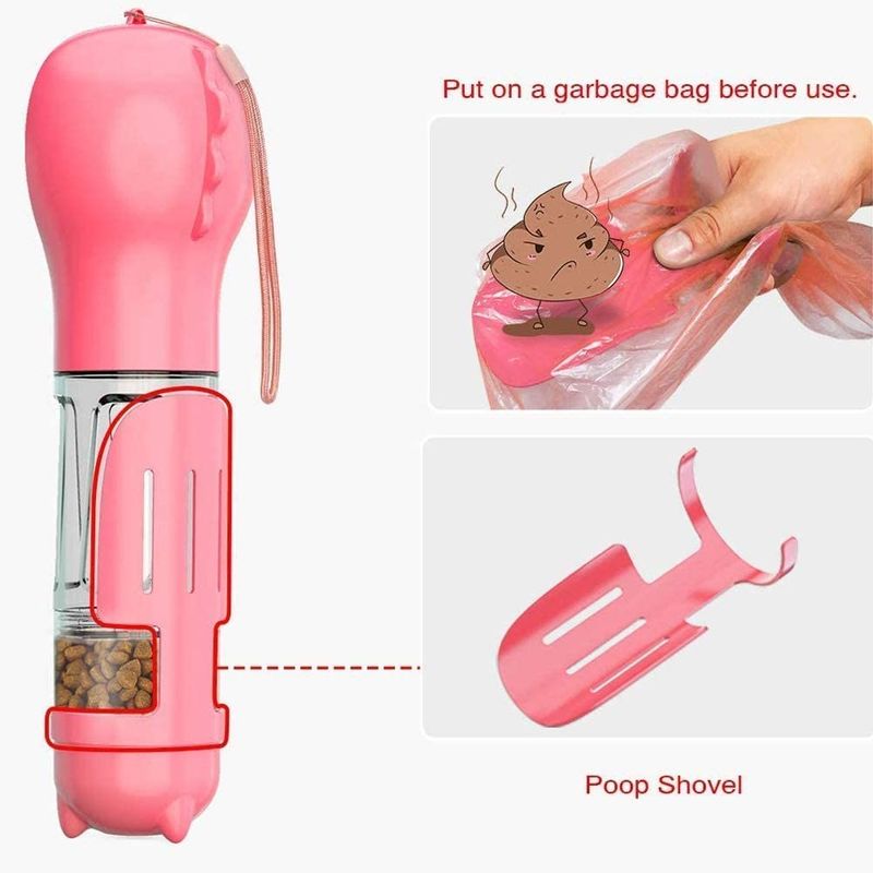 Botella de agua rosada hermética portátil del perro 4 In1 con el envase de comida y el bolso inútil