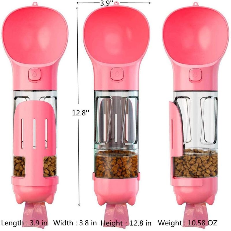 Botella de agua rosada hermética portátil del perro 4 In1 con el envase de comida y el bolso inútil