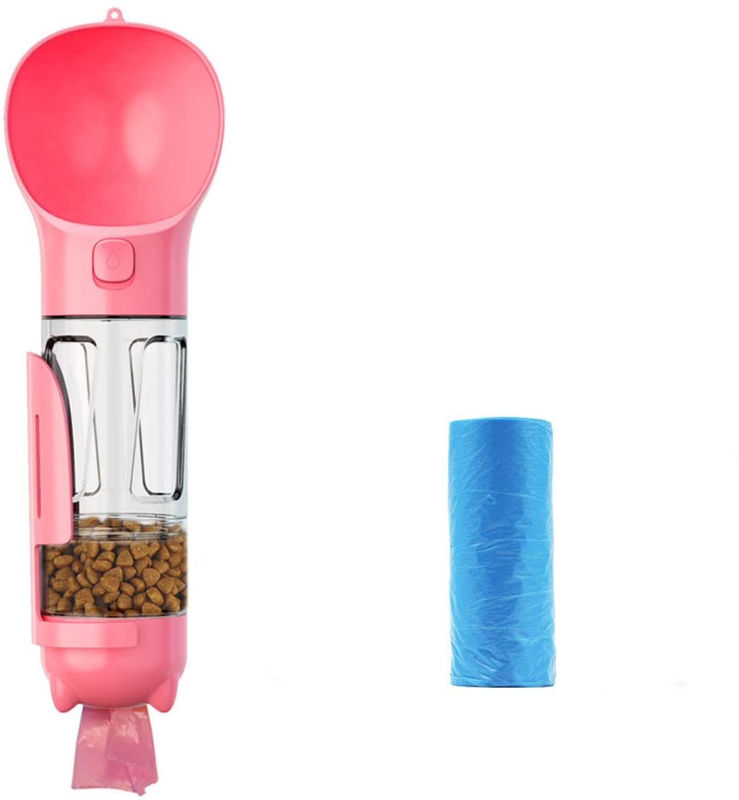 Botella de agua rosada hermética portátil del perro 4 In1 con el envase de comida y el bolso inútil