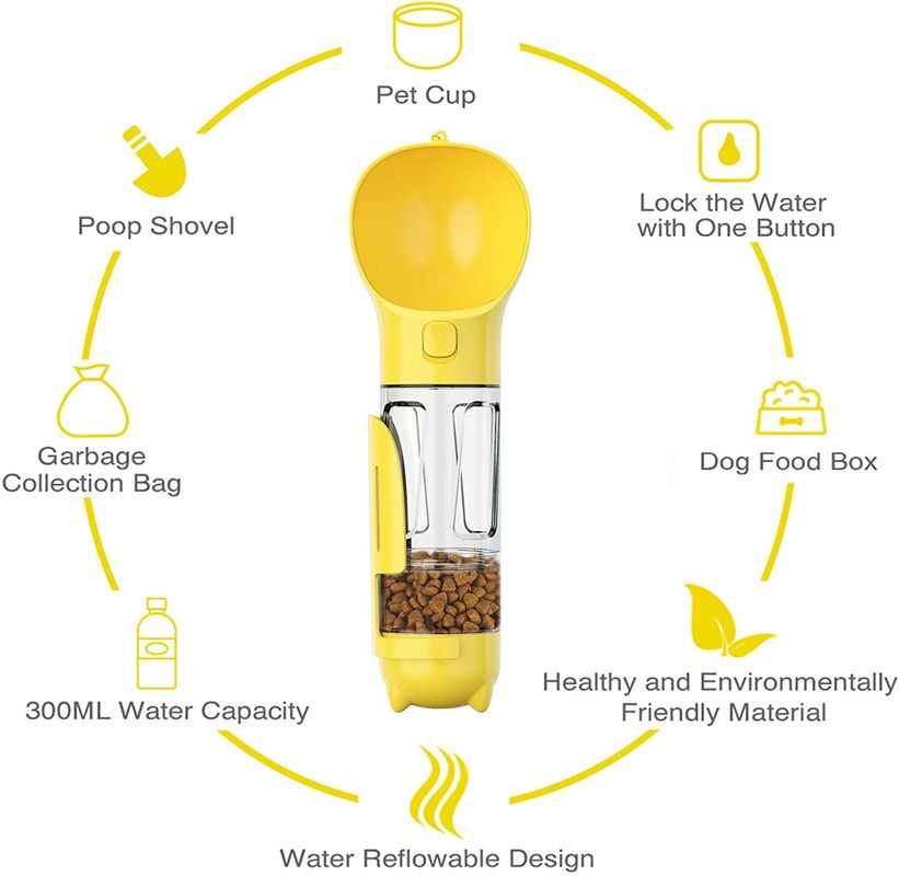 300ml 2 desmontables en 1 botella de agua del perro con el envase de comida y la pala del impulso